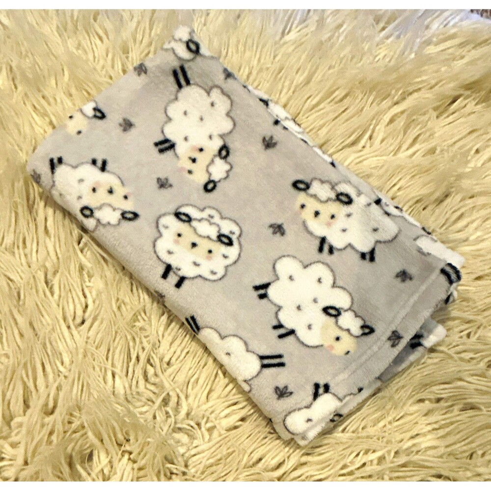 Parent's Choice Gray White Lamb Print Plush Polyester Baby Blanket 30"x36"
